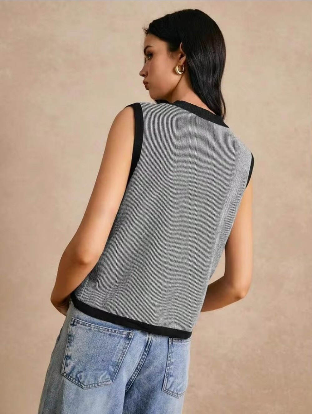 Sleeveless Stripe Blue Navy & White Knit Vest Button-Front - Womens Size Medium - Picture 9 of 9